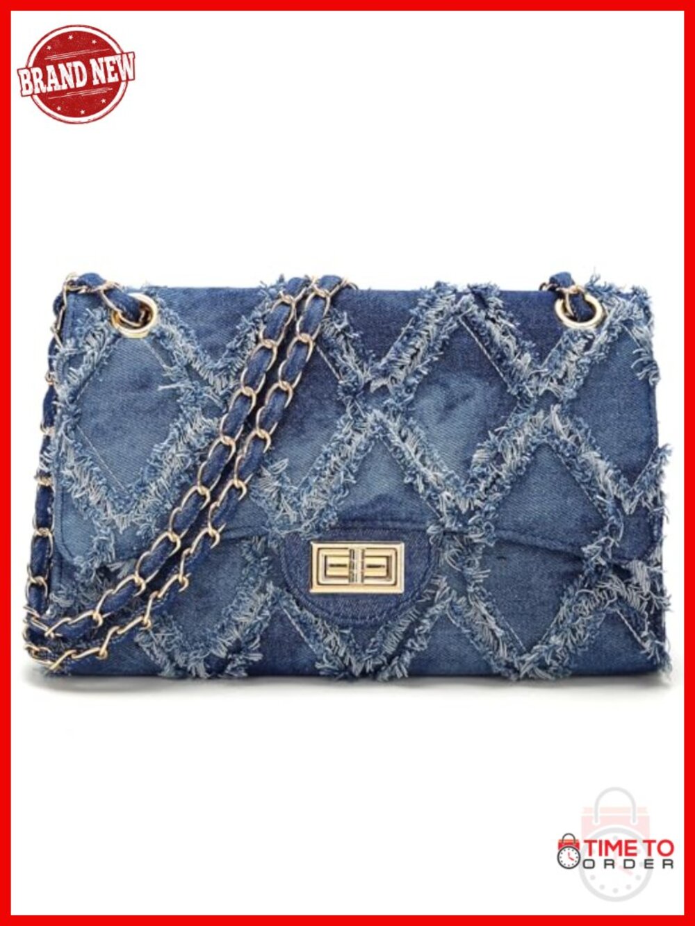 Quilted Denim Crossbody Bag Satchel Shoulder Purse with Chain Strap - Picture 1 of 6